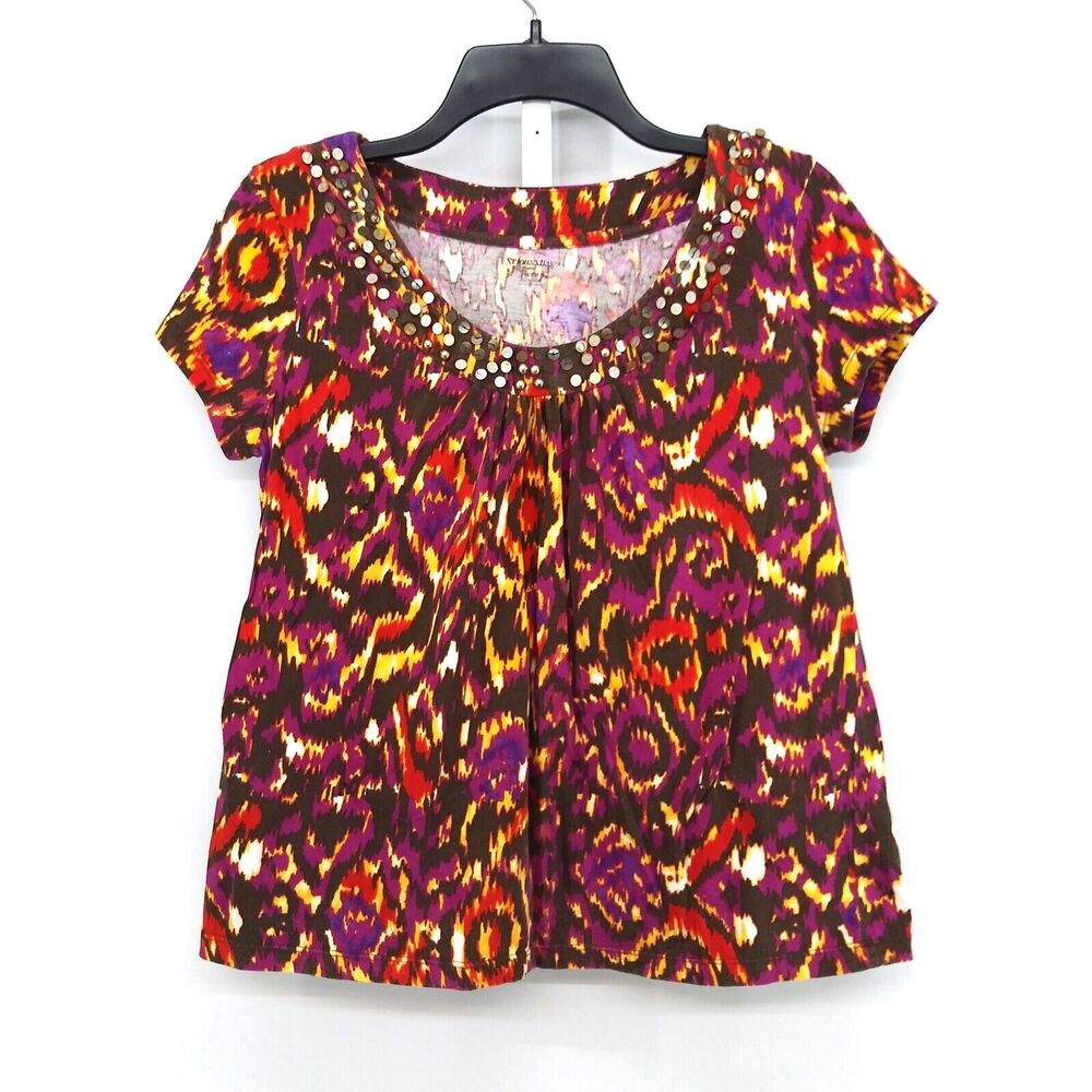 St Johns Bay Shirt Womens Size PM Red Purple Beaded Scoop Neck Pullover Top